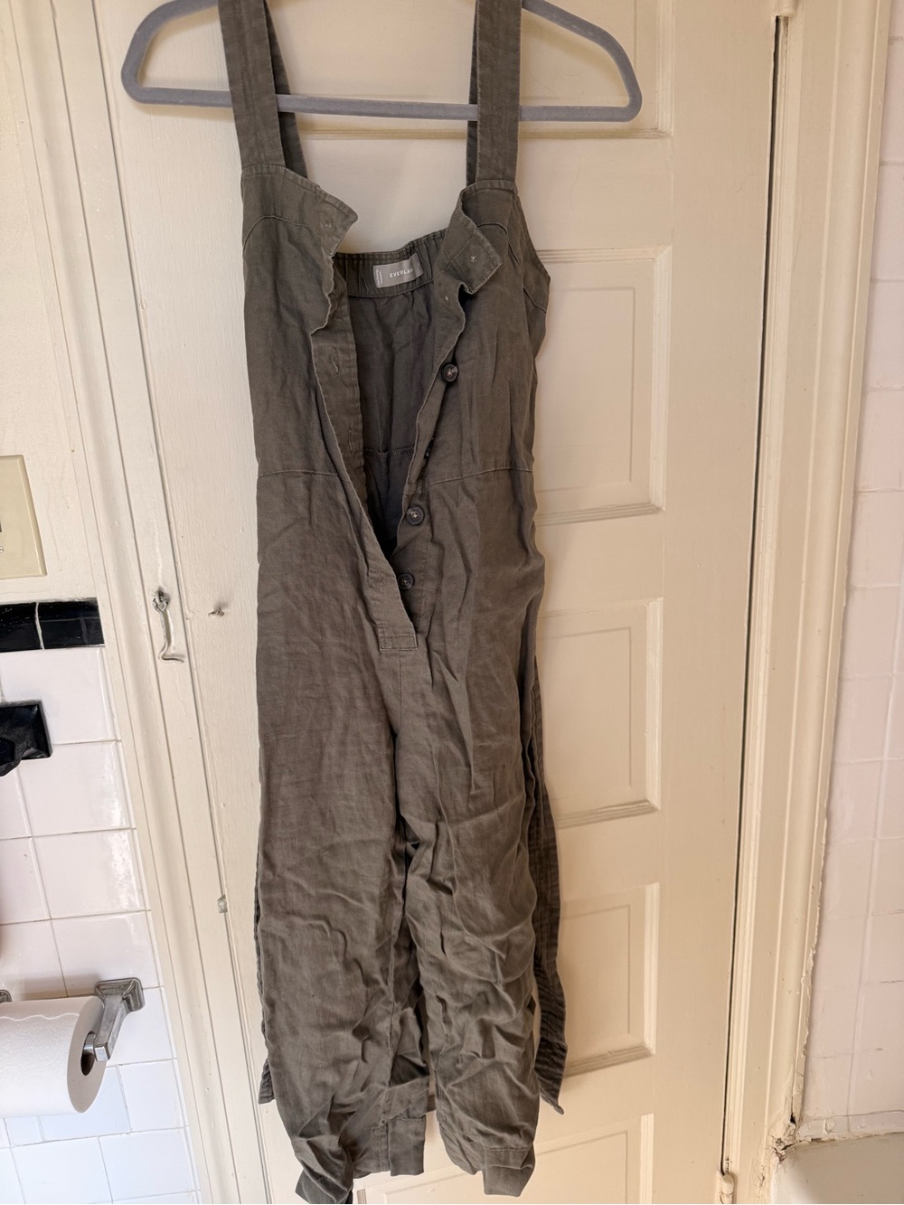 Everlane Olive Linen Button-Front Jumpsuit